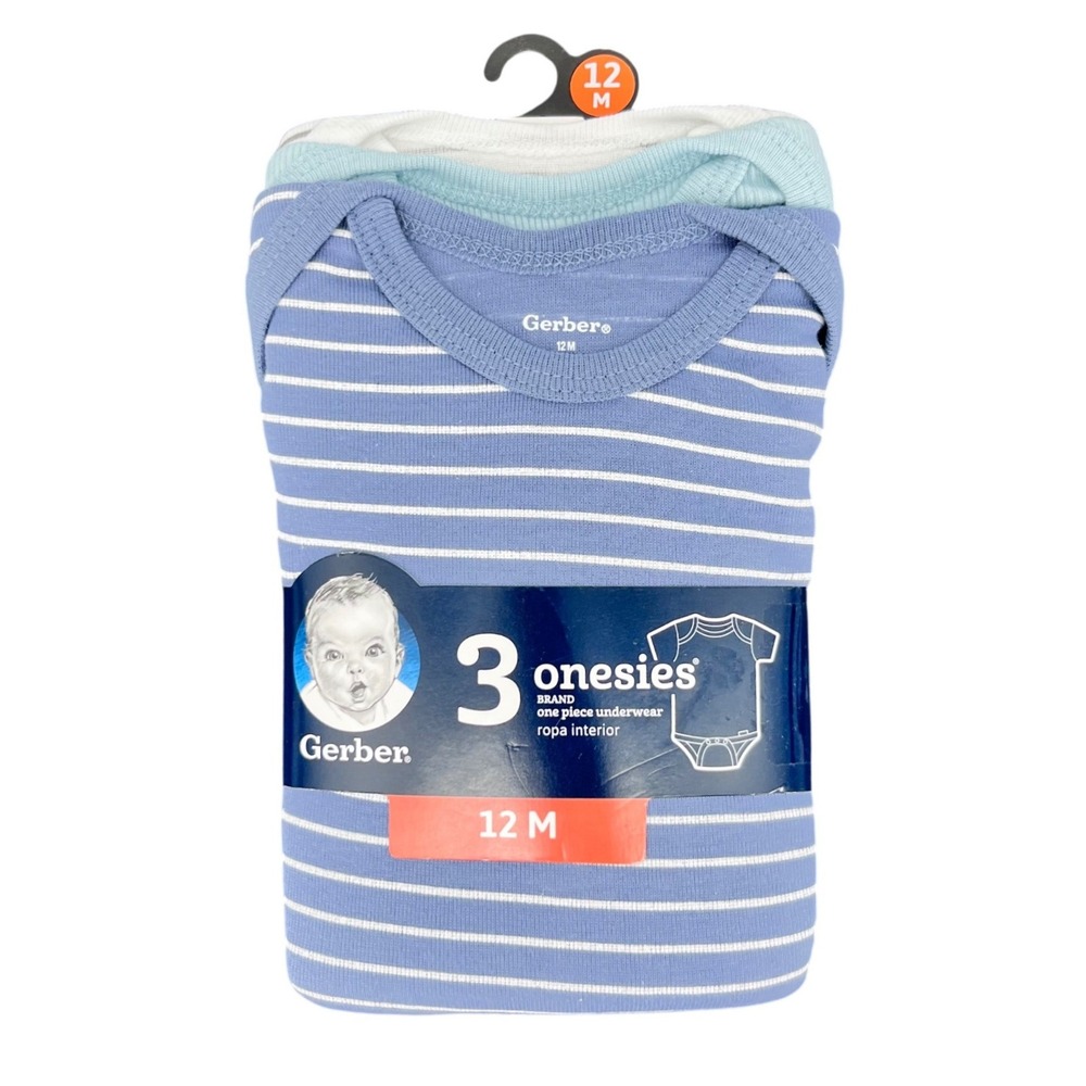 Gerber Onesies Bodysuits Baby Boy 12M Blue White Striped 3-Pack Short Sleeve‎